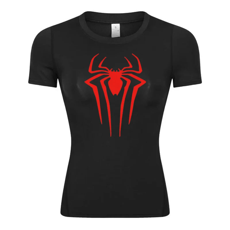 Spider Print Short Sleeve Compression Shirt for Women Athletic Running Workout Yoga T-Shirt Tees Baselayer Tops Gym Sports Gear
