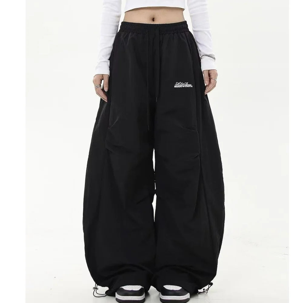 Chic Matching Loose Women's Wide Leg Pants Elastic Waist Drawstring Patchwork Straight Leg Pant Casual Streetwear New Sportswear