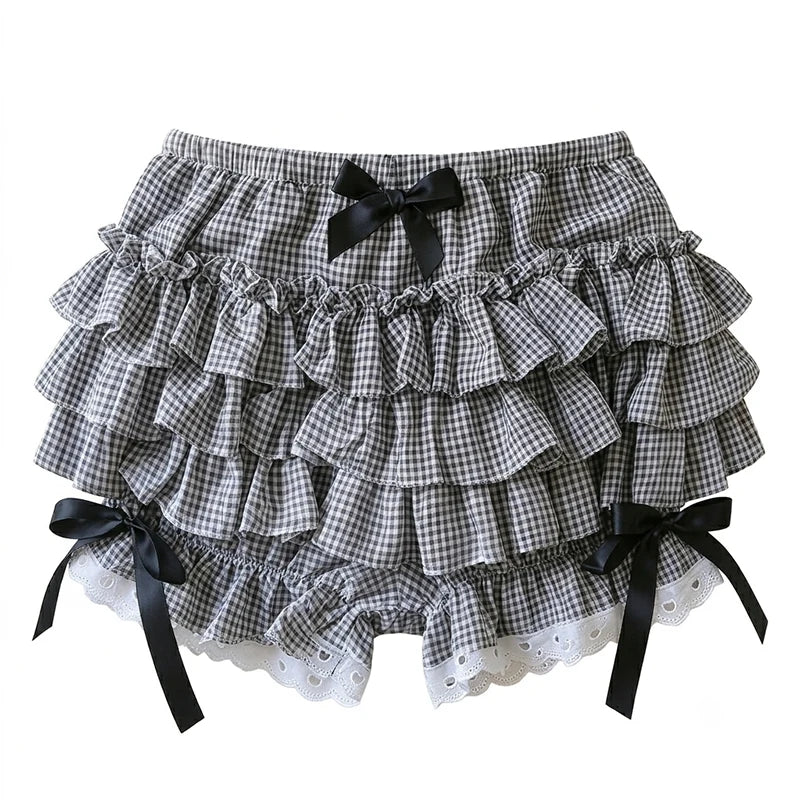 Gingham Bloomer Shorts Women Black White Plaid Pumpkin Shorts with Ribbon Bow Heart Eyelet Ruffle Skort Shorts Lolita Coquette