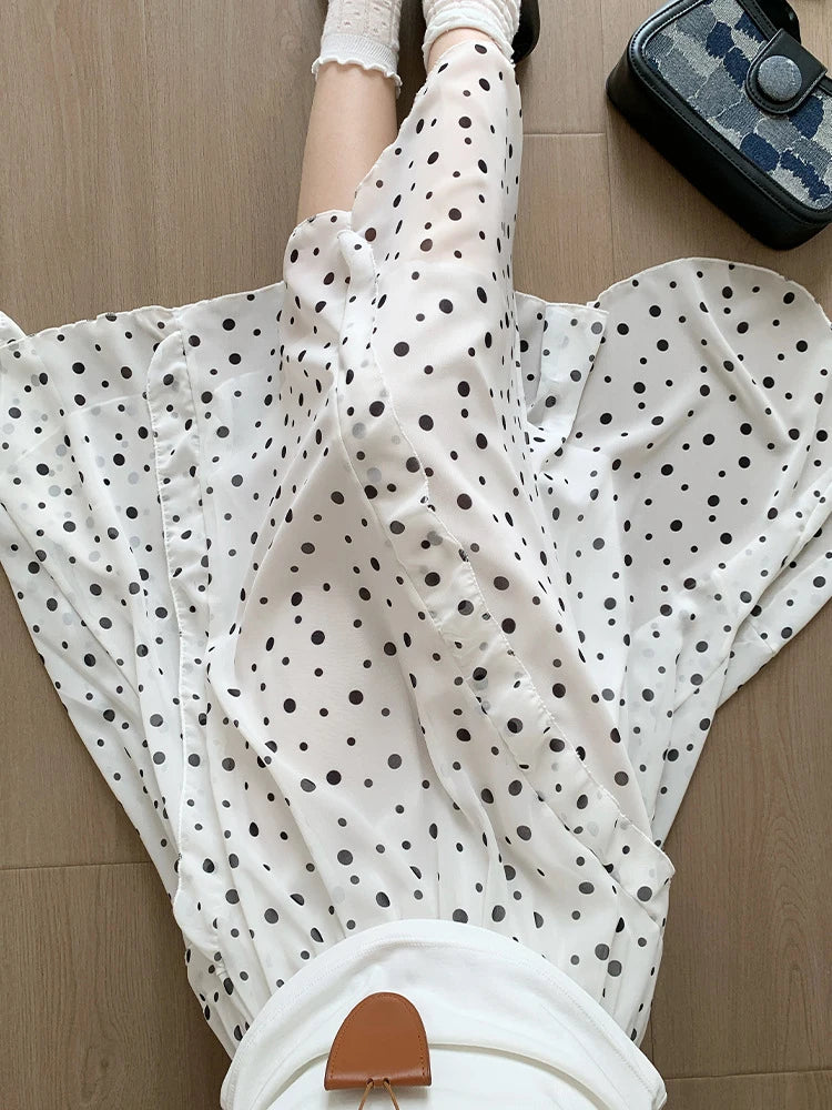 Fashion Irregular Polka Dot Midi Skirt Women Summer Thin High Waist Chiffon Skirts Woman Korean Style White Ruffled A-line Skirt