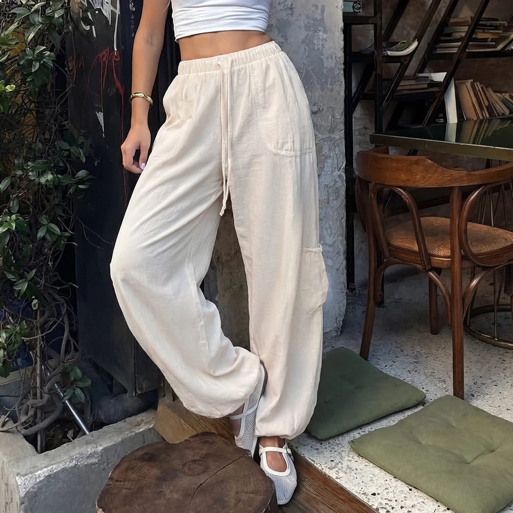 Women Linen Boho Balloon Pants Drawstring Summer Cargo Pants Beach Travel Lounge Pants with Pockets Trousers Mujer