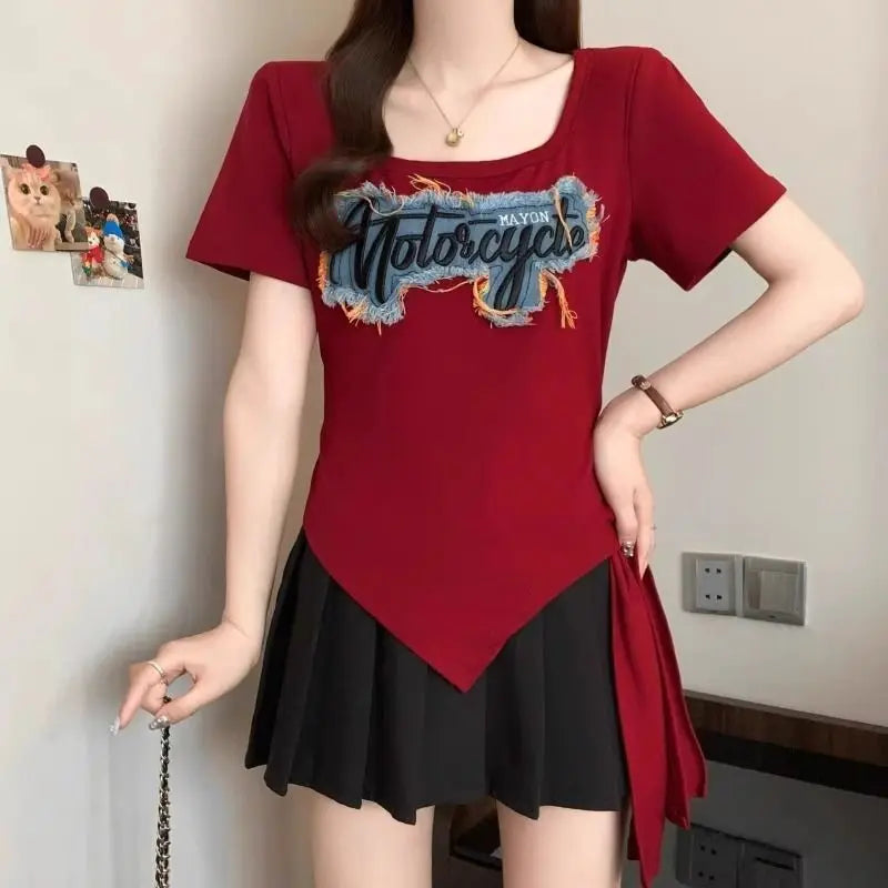 Summer Irregular Patchwork Contrast Letter Trend Tops Short Sleeve Plus Size High Street T Shirts Fashion Casual Women Clothing