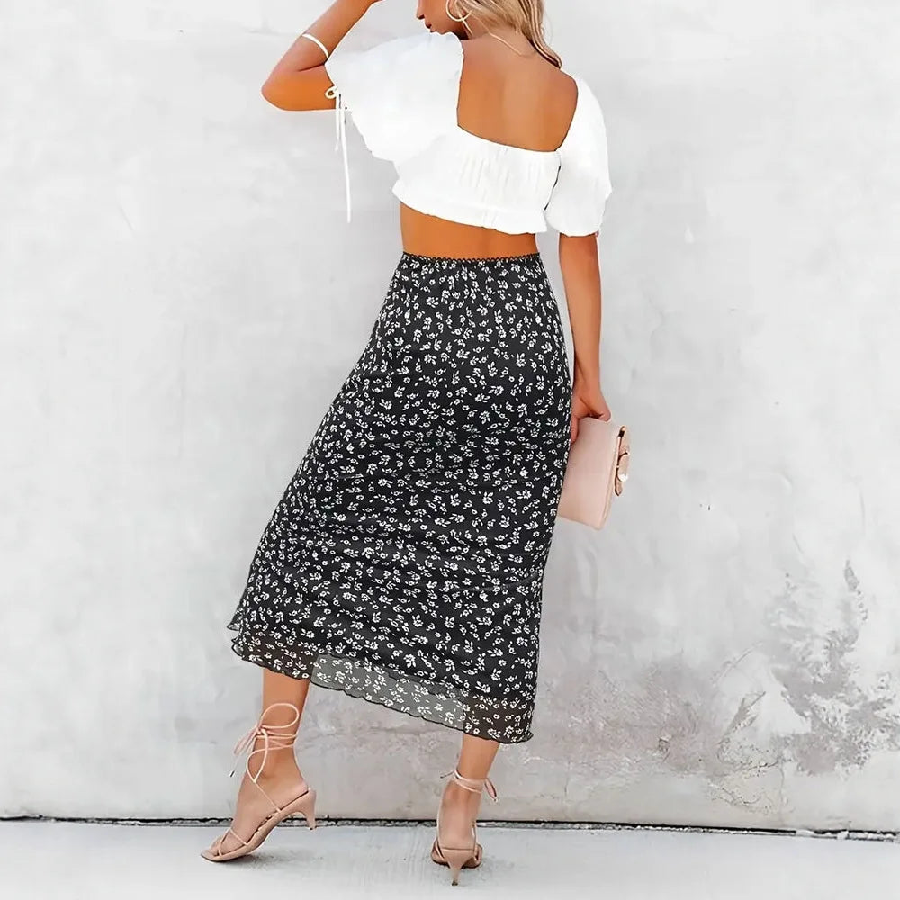 Elegant Mesh Double Layer Floral Skirts Women Summer High Waist Black Midi Skirt Ladies Vintage Ruffles Long Beach A-Line Breath