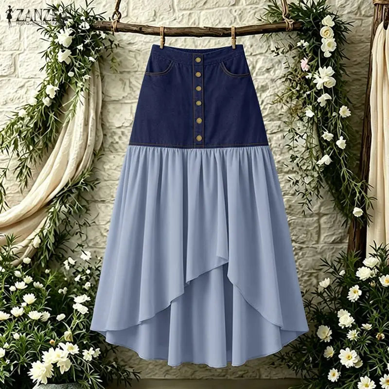Stylish Women Patchwork Skirt ZANZEA Asymmetrical Overskirt Casual Elastic Waist Baggy Jupe OL Work Faldas Saia Maxi Long Skirt