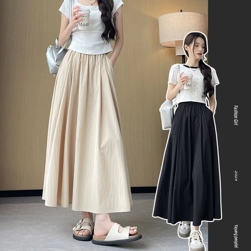 Long Skirt for Women 2026 Summer Casual Elastic High Waist A-line Skirts Female Solid Color Versatile Loose Pockets Midi Skirts
