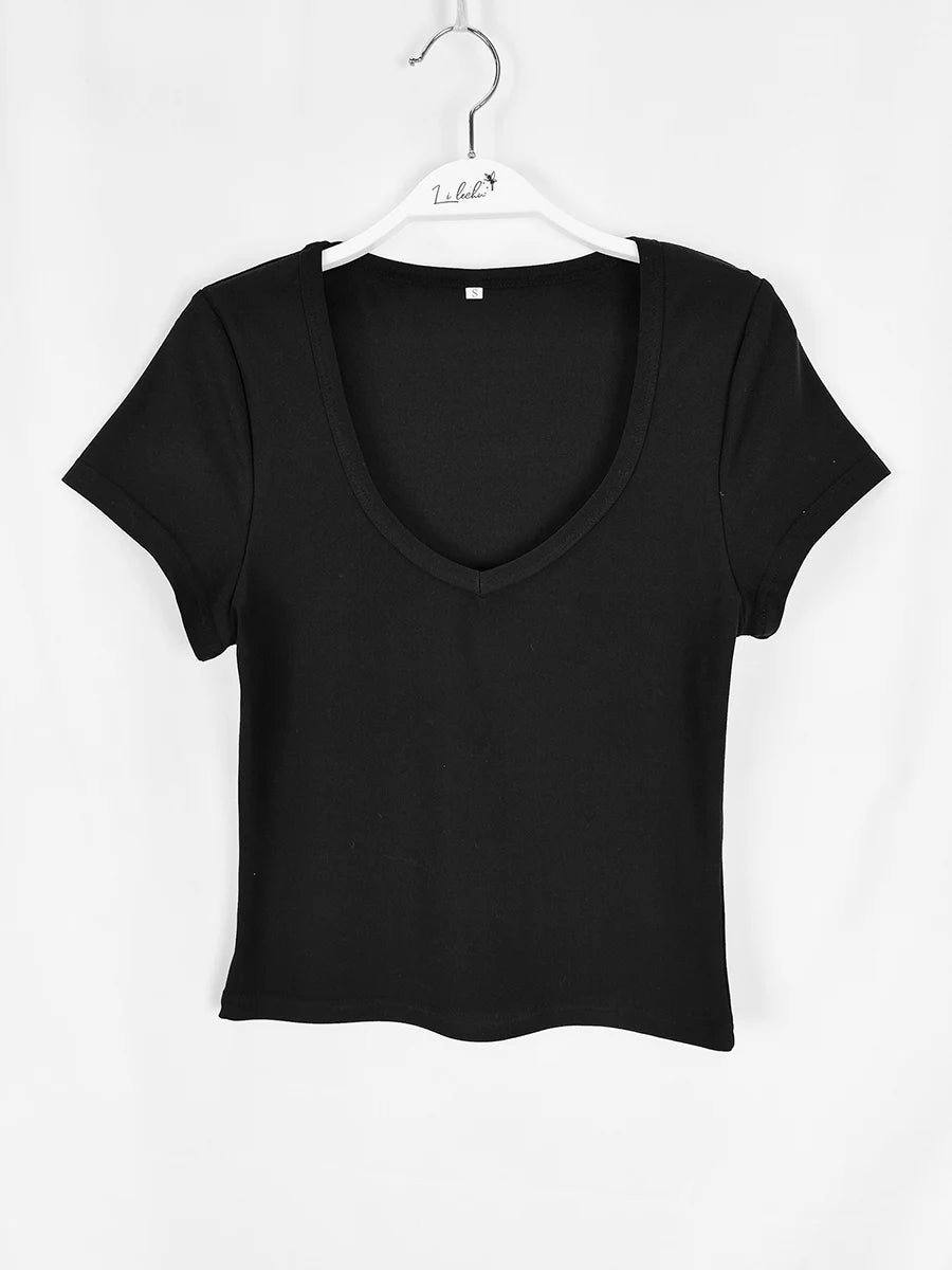 Sexy Deep U Neck T Shirts For Women Summer Short Sleeve Bodycon Slim Fit Tops Basic Solid Color Casual Streetwear Y2K Tee