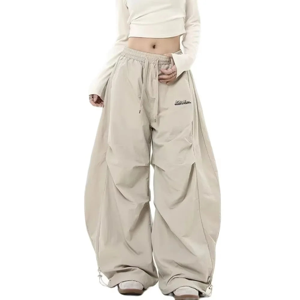Chic Matching Loose Women's Wide Leg Pants Elastic Waist Drawstring Patchwork Straight Leg Pant Casual Streetwear New Sportswear