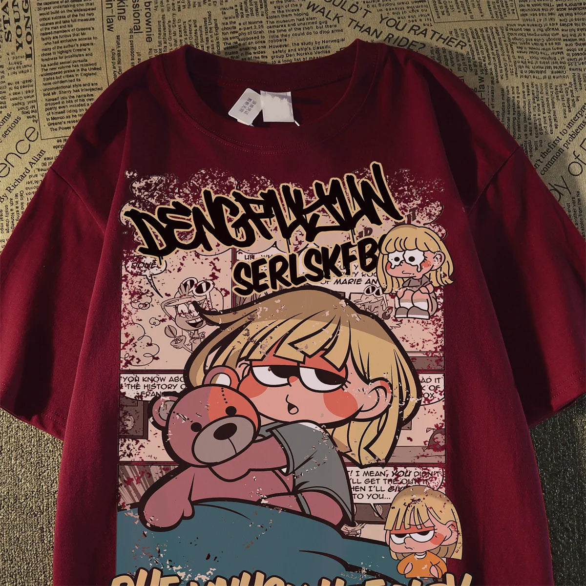 Korean cartoon retro printed short sleeved T-shirt, fashionable plus size loose fitting men's and women's top  shirts for women