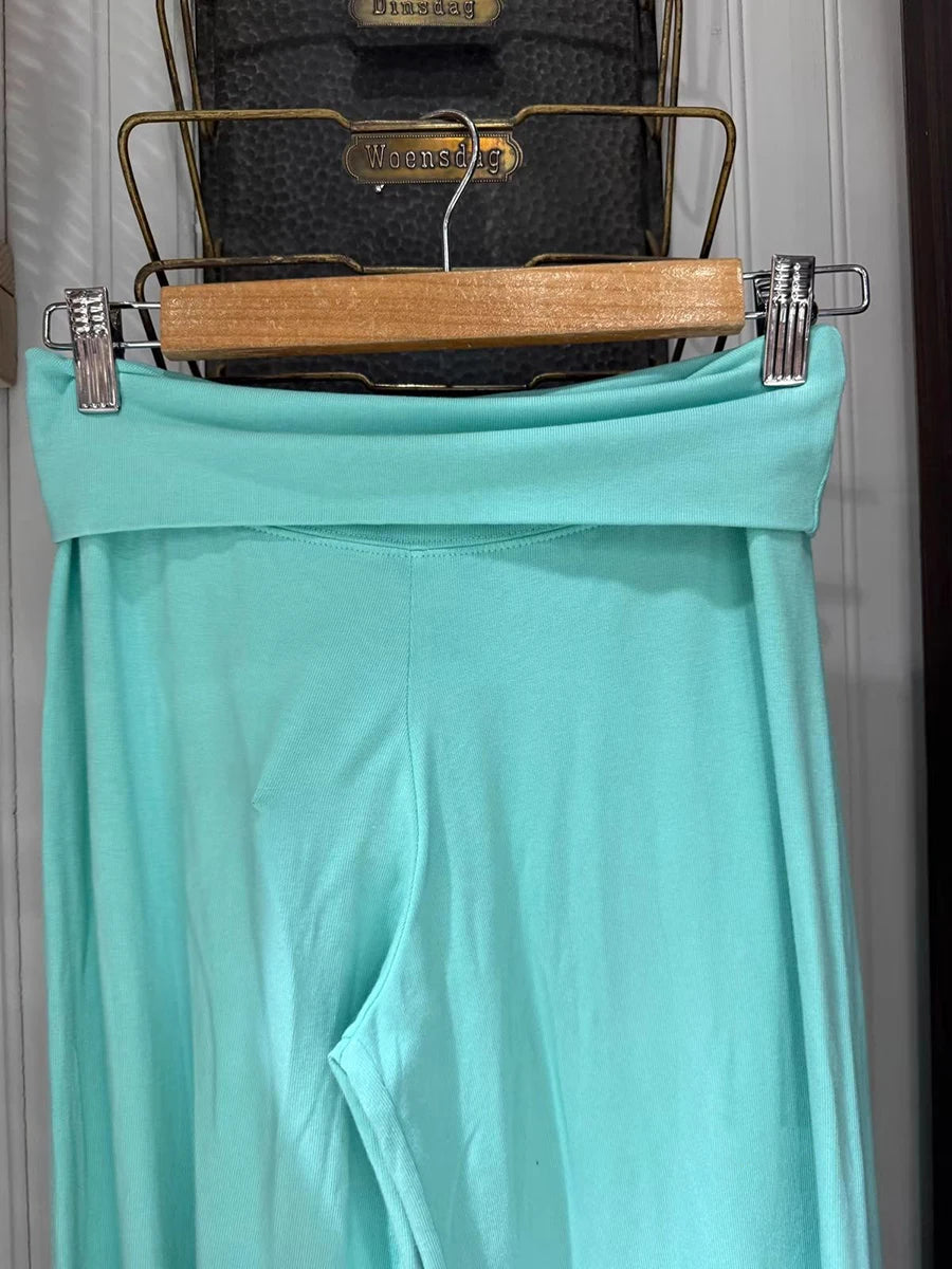 Mint Green Foldover Straight Pants Women Summer Low Waist Cotton Trousers Casual Sweet Girl Preppy Style New Sport Yoga Pants