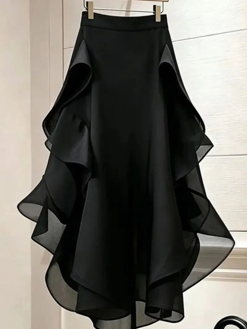 Limiguyue French Retro A-line Mesh Midi Black Skirt Women Summer Trendy Formal Thin High Waist Ruffle Edge Irregular Skirts 099B