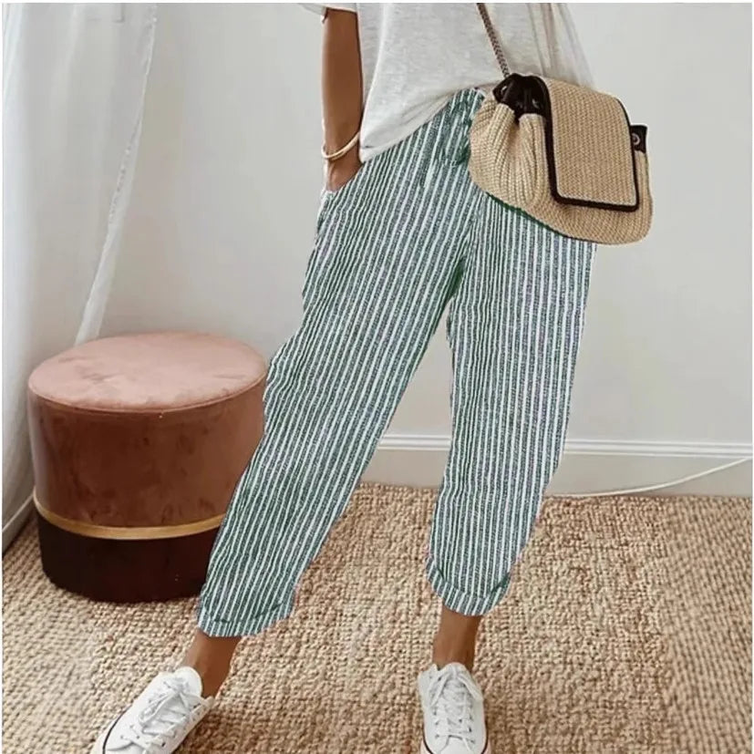 European and American Cross border Women's Summer New Fashionable Loose Stripe Printed Elastic Waist Drawstring Casual Pants