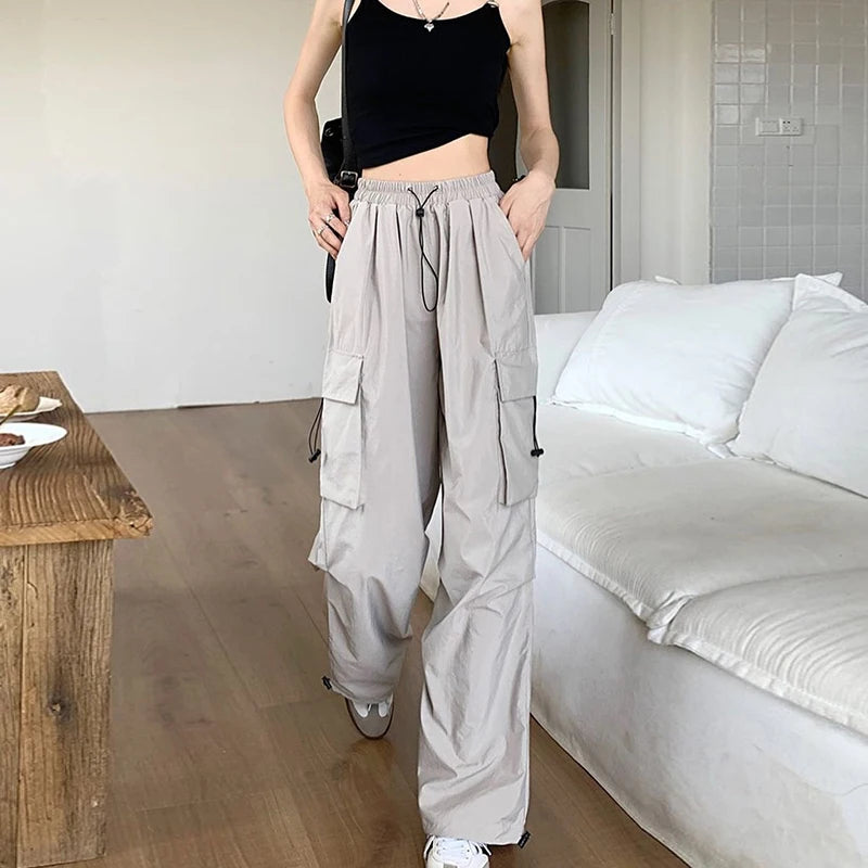 Chic Matching Loose Women's Wide Leg Pants Elastic Waist Drawstring Patchwork Straight Leg Pant Casual Streetwear New Sportswear