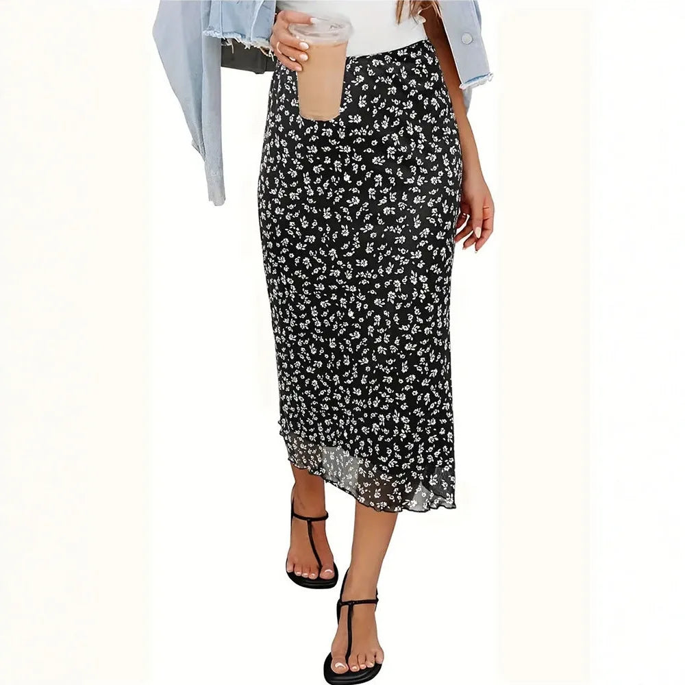 Elegant Mesh Double Layer Floral Skirts Women Summer High Waist Black Midi Skirt Ladies Vintage Ruffles Long Beach A-Line Breath
