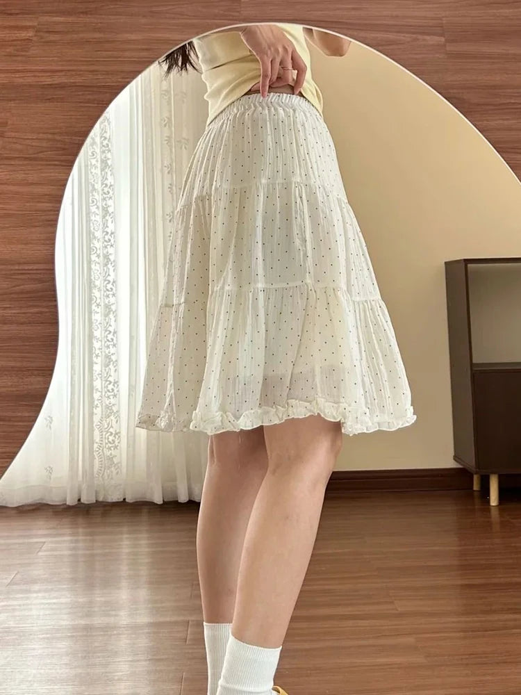 Chiffon Dot Sweet Skirt Women High Waist Fashion Elegant Midi Skirts Summer Female Preppy Style Cute Ruffles Chic A Line Skirt