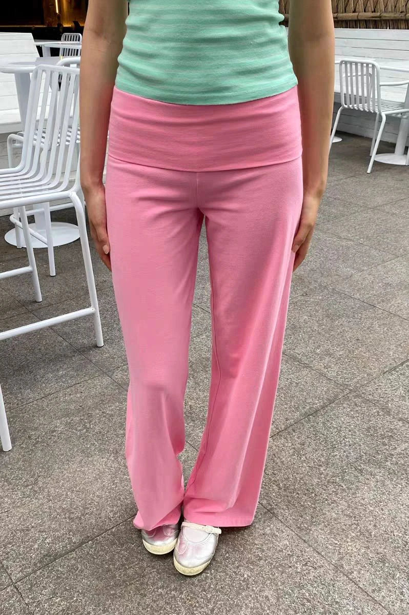Mint Green Foldover Straight Pants Women Summer Low Waist Cotton Trousers Casual Sweet Girl Preppy Style New Sport Yoga Pants