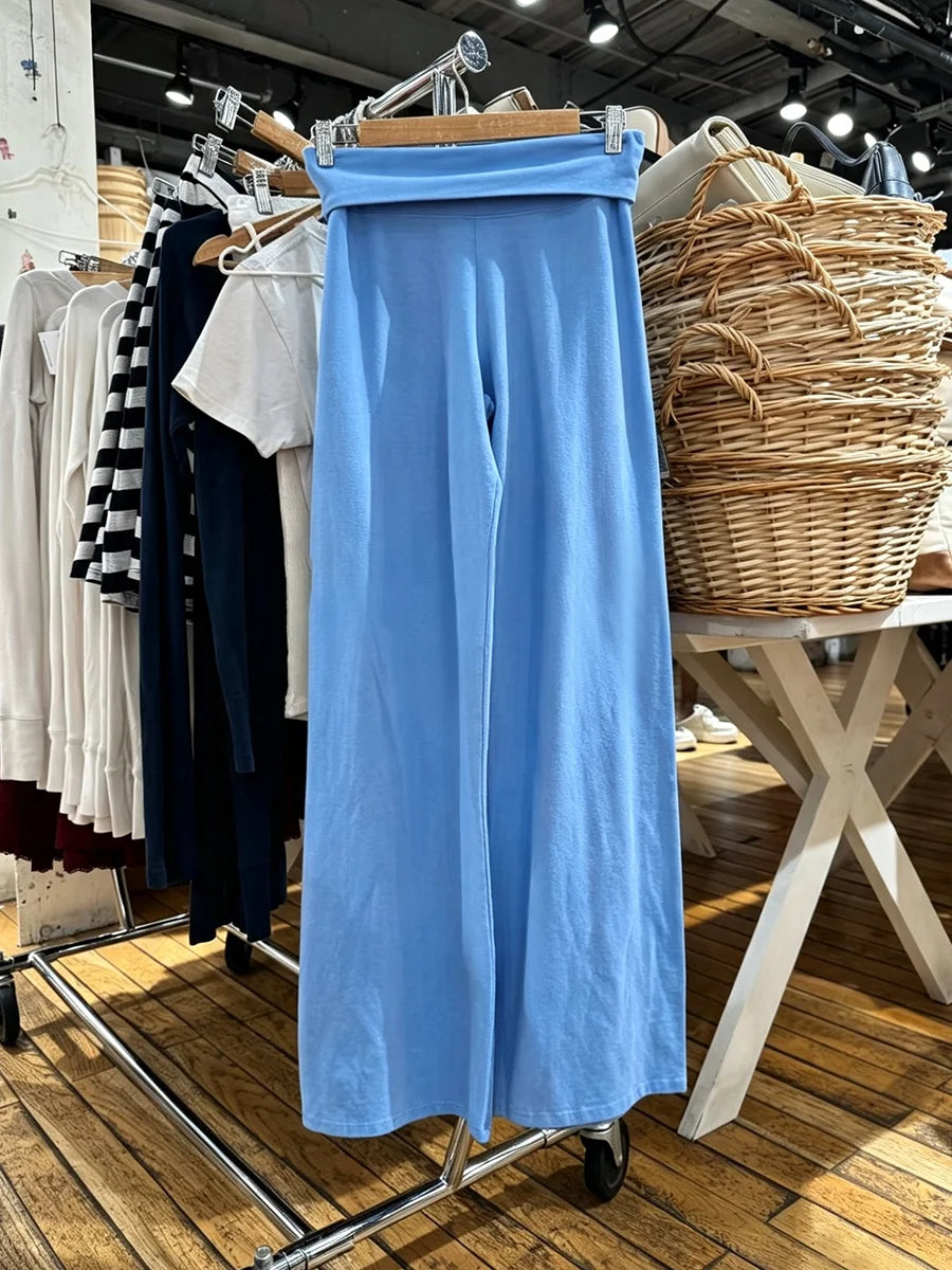 Mint Green Foldover Straight Pants Women Summer Low Waist Cotton Trousers Casual Sweet Girl Preppy Style New Sport Yoga Pants