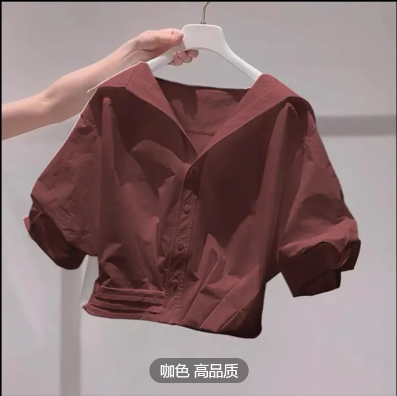 Fanan 2026 Summer New Lapel Bubble Sleeve Shirt Women Loose Fit Cropped Top Female Blouse Shirt
