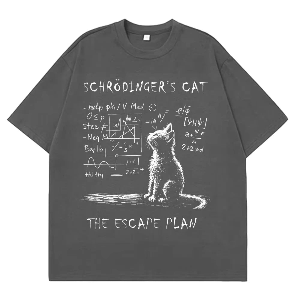 Schrodinger Cat Physics Quantum Mechanics Creative Print Summer Short-sleeved Cotton T Shirt Men Women Streetwear Loose T-shirts