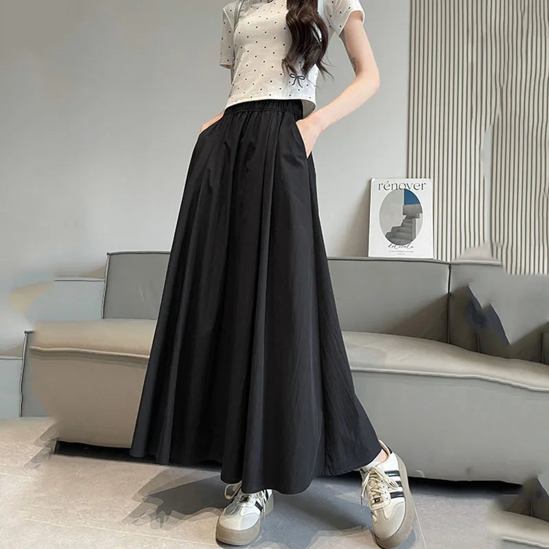 Long Skirt for Women 2026 Summer Casual Elastic High Waist A-line Skirts Female Solid Color Versatile Loose Pockets Midi Skirts