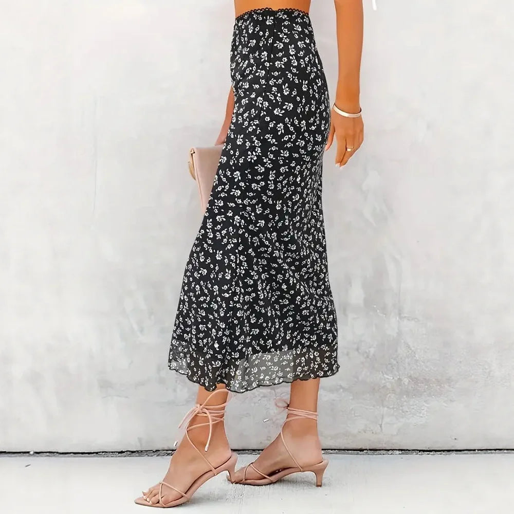 Elegant Mesh Double Layer Floral Skirts Women Summer High Waist Black Midi Skirt Ladies Vintage Ruffles Long Beach A-Line Breath