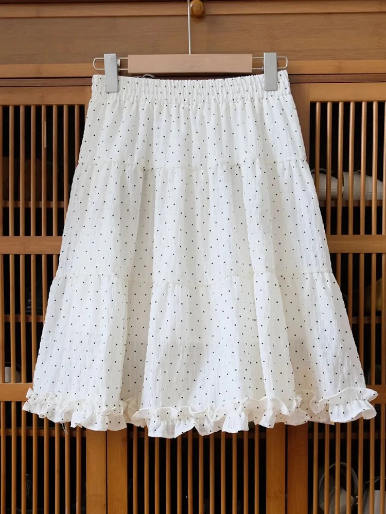 Chiffon Dot Sweet Skirt Women High Waist Fashion Elegant Midi Skirts Summer Female Preppy Style Cute Ruffles Chic A Line Skirt