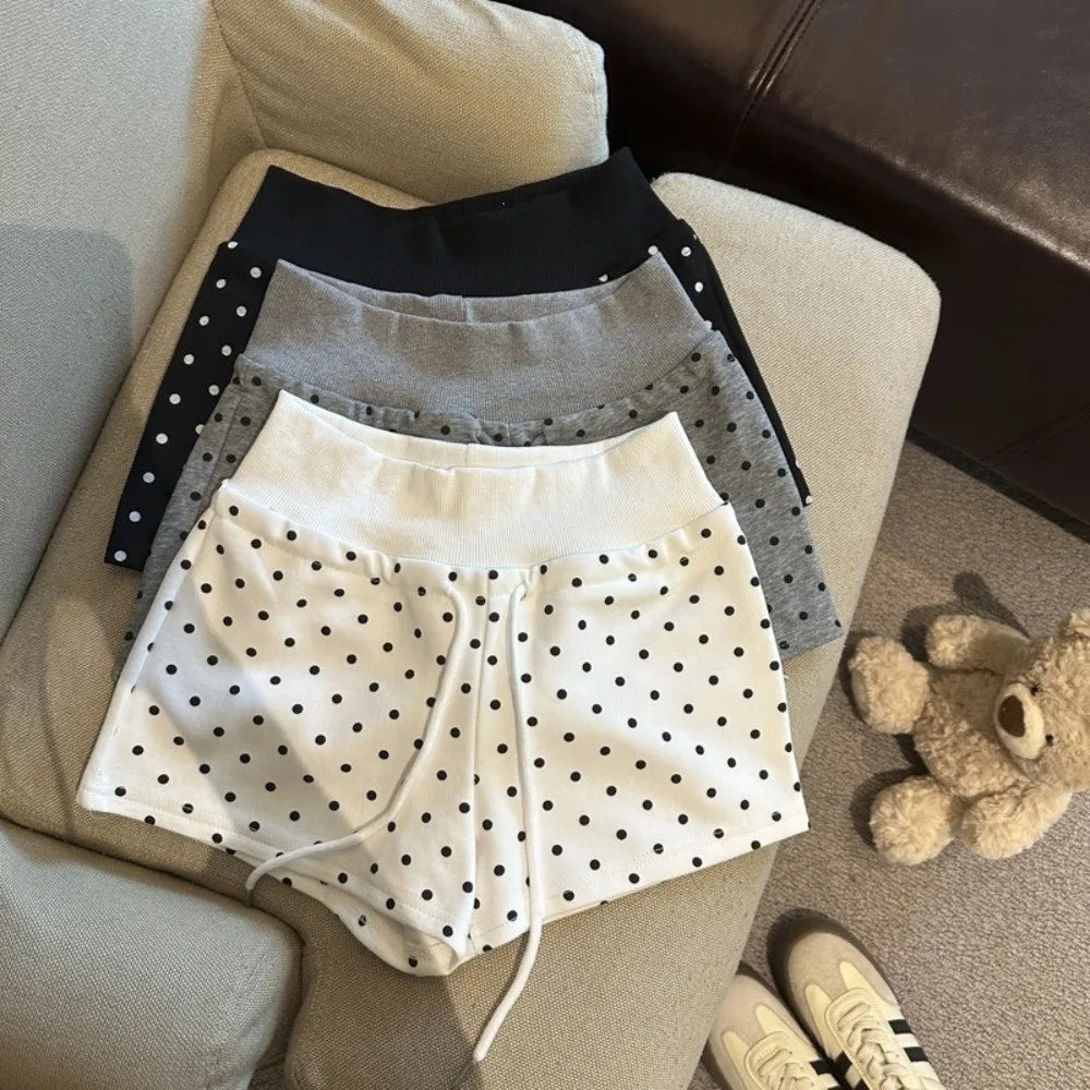 Street Style Polka Dot Women Shorts High Waist Drawstring Waist Polka Dot Shorts Elastic Waist Soft Hot Pants Women Girls