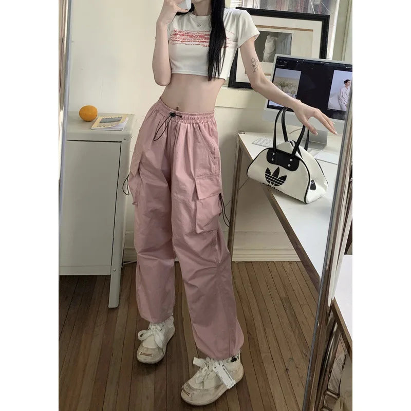 Chic Matching Loose Women's Wide Leg Pants Elastic Waist Drawstring Patchwork Straight Leg Pant Casual Streetwear New Sportswear