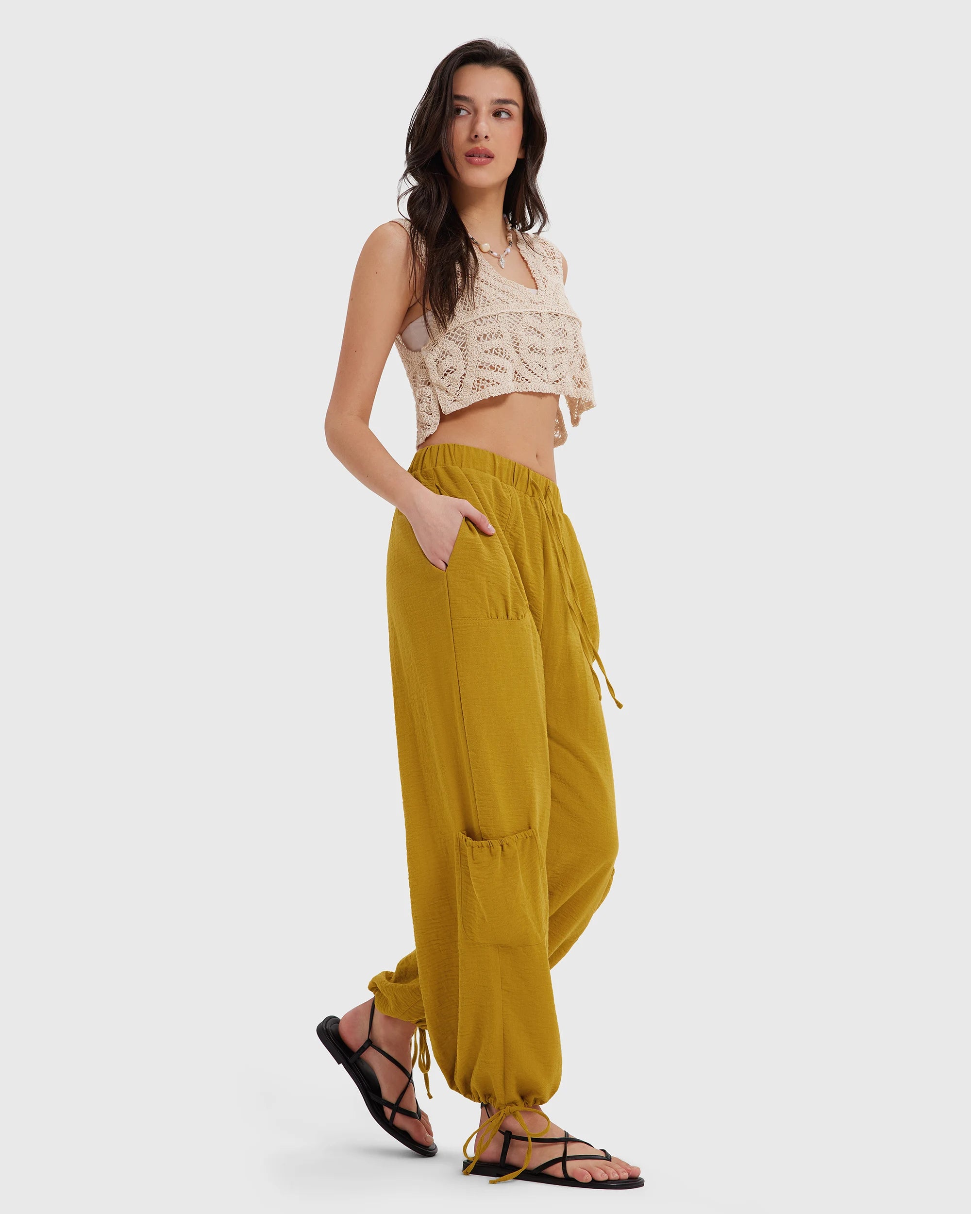 Women Linen Boho Balloon Pants Drawstring Summer Cargo Pants Beach Travel Lounge Pants with Pockets Trousers Mujer