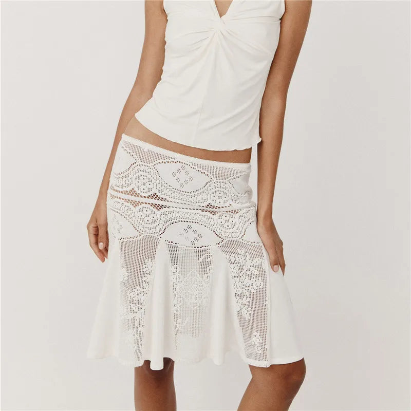 Women Y2K Crochet Lace Midi Skirt Low Waist Hollow Out Floral Mesh See Through Flared Ruffle Hem Skirt Summer Beach Vacation