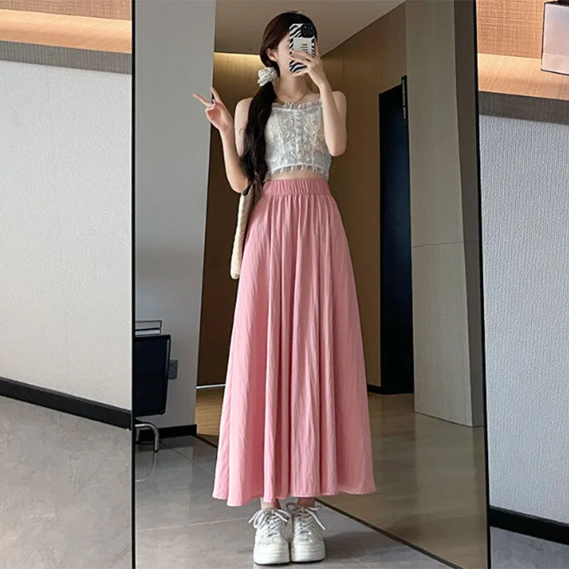 Long Skirt for Women 2026 Summer Casual Elastic High Waist A-line Skirts Female Solid Color Versatile Loose Pockets Midi Skirts