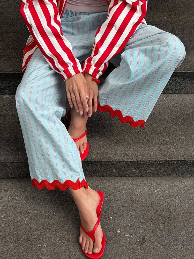 Casual Wavy Hem Women's Pant Striped Elastic Waist Big Pocket Wide Leg Pants 2026 Summer Autumn Fashion Female Trousers Bottoms