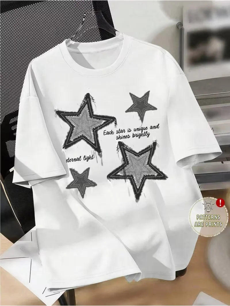 Women's T-shirt,Distressed Denim Star Print Graphic T-Shirt, Casual Crew Neck Short Sleeve Tee,Top for All-Season Daily Wear