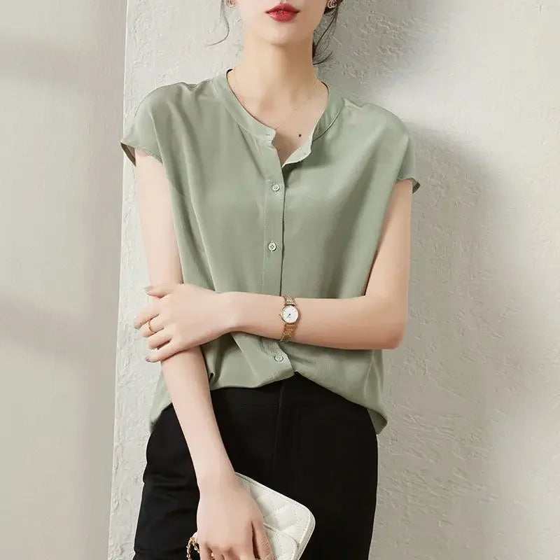 Office Lady Button Simplicity Shirt Tops Short Sleeve Thin Solid Loose Elegant Blouse Summer New Fashion Vintage Women Clothing
