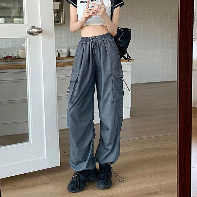 Chic Matching Loose Women's Wide Leg Pants Elastic Waist Drawstring Patchwork Straight Leg Pant Casual Streetwear New Sportswear