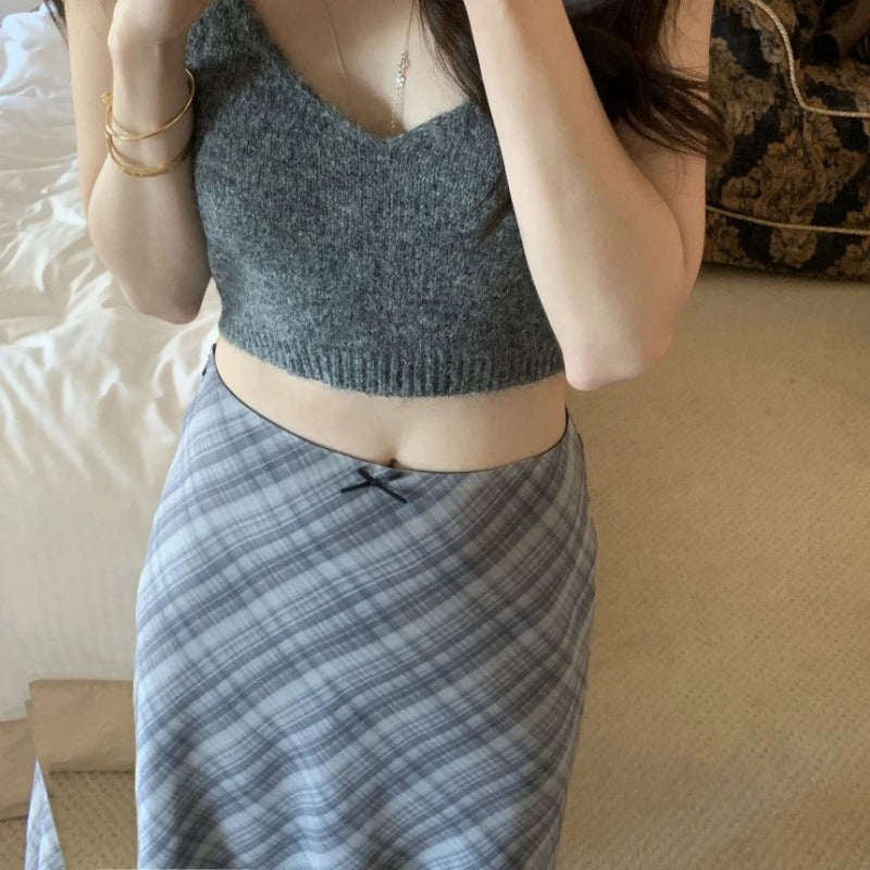 Skirts Women Summer Plaid Mermaid High Waist Vintage Mid Skirt Double Layers Elegant Sweet Skirt for Ladies Y2k Bottoms Clothes