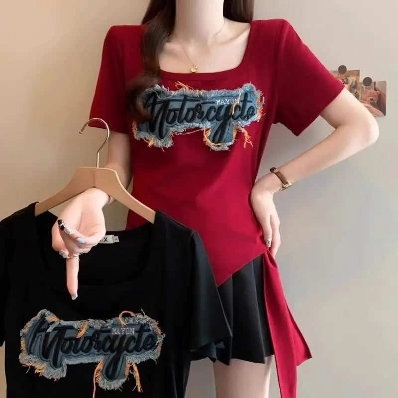 Summer Irregular Patchwork Contrast Letter Trend Tops Short Sleeve Plus Size High Street T Shirts Fashion Casual Women Clothing