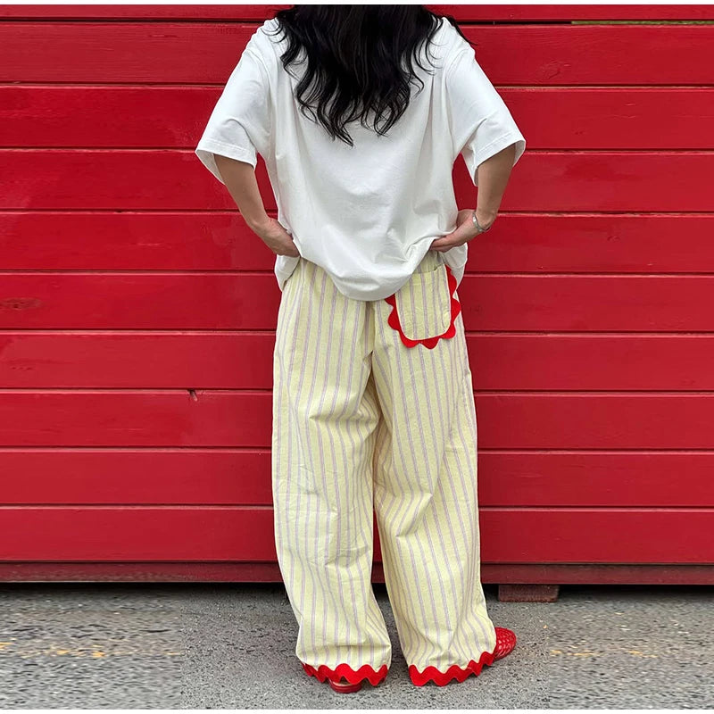 Casual Wavy Hem Women's Pant Striped Elastic Waist Big Pocket Wide Leg Pants 2026 Summer Autumn Fashion Female Trousers Bottoms