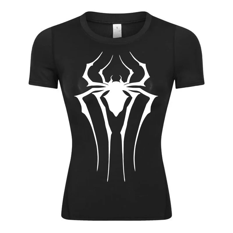 Spider Print Short Sleeve Compression Shirt for Women Athletic Running Workout Yoga T-Shirt Tees Baselayer Tops Gym Sports Gear