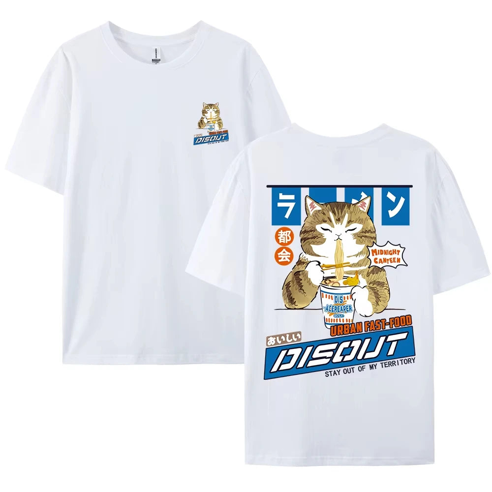 Harajuku Cat Cartoon Eating Noodles Graphic Men Women T - Shirts Casual Short Sleeve Tees Japan Style Oversized T Shirt Clothing