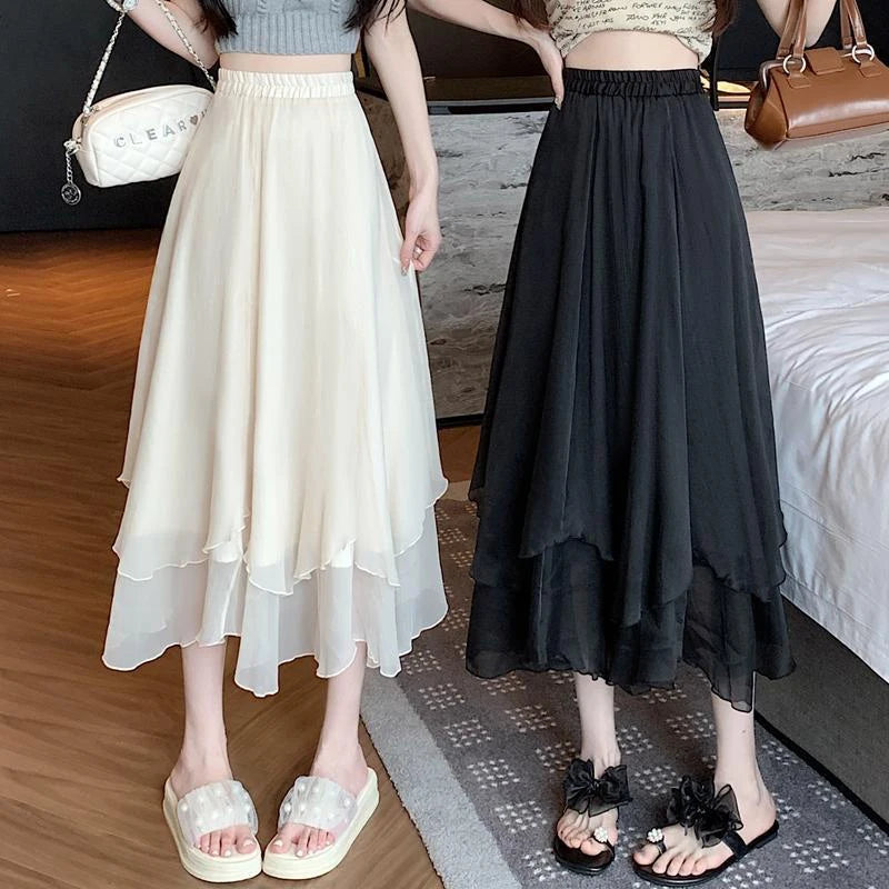 GIDYQ Summer Women Mesh Skirt Fashion Korean High Waist Loose Midi Skirt Y2K Elegant Female Casual All Match A Line Skirts New