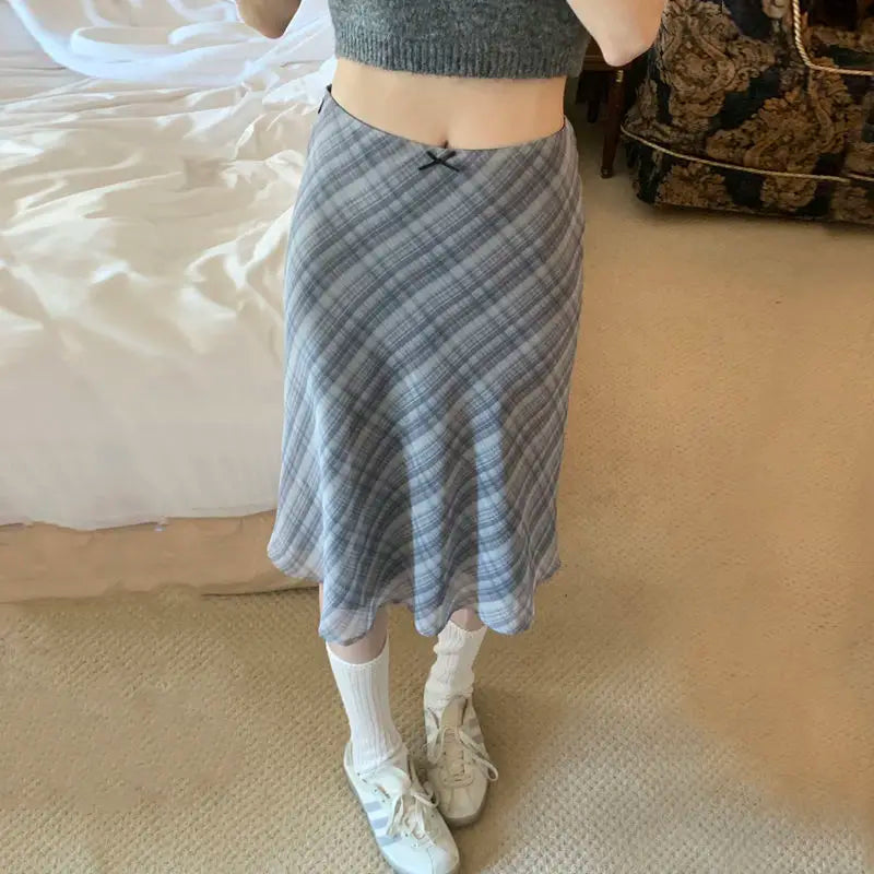 Skirts Women Summer Plaid Mermaid High Waist Vintage Mid Skirt Double Layers Elegant Sweet Skirt for Ladies Y2k Bottoms Clothes