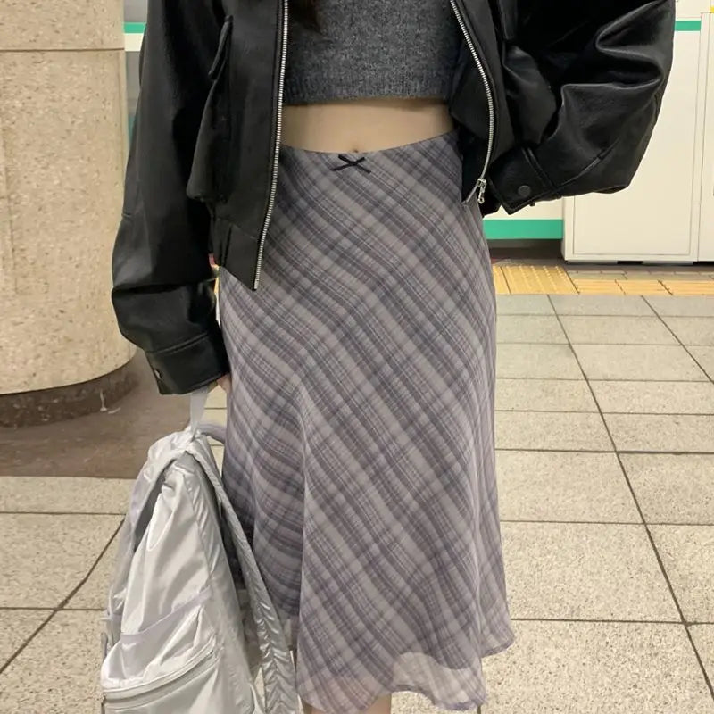 Skirts Women Summer Plaid Mermaid High Waist Vintage Mid Skirt Double Layers Elegant Sweet Skirt for Ladies Y2k Bottoms Clothes