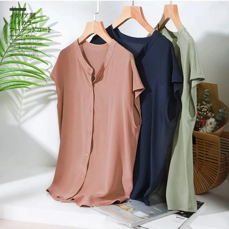 Office Lady Button Simplicity Shirt Tops Short Sleeve Thin Solid Loose Elegant Blouse Summer New Fashion Vintage Women Clothing