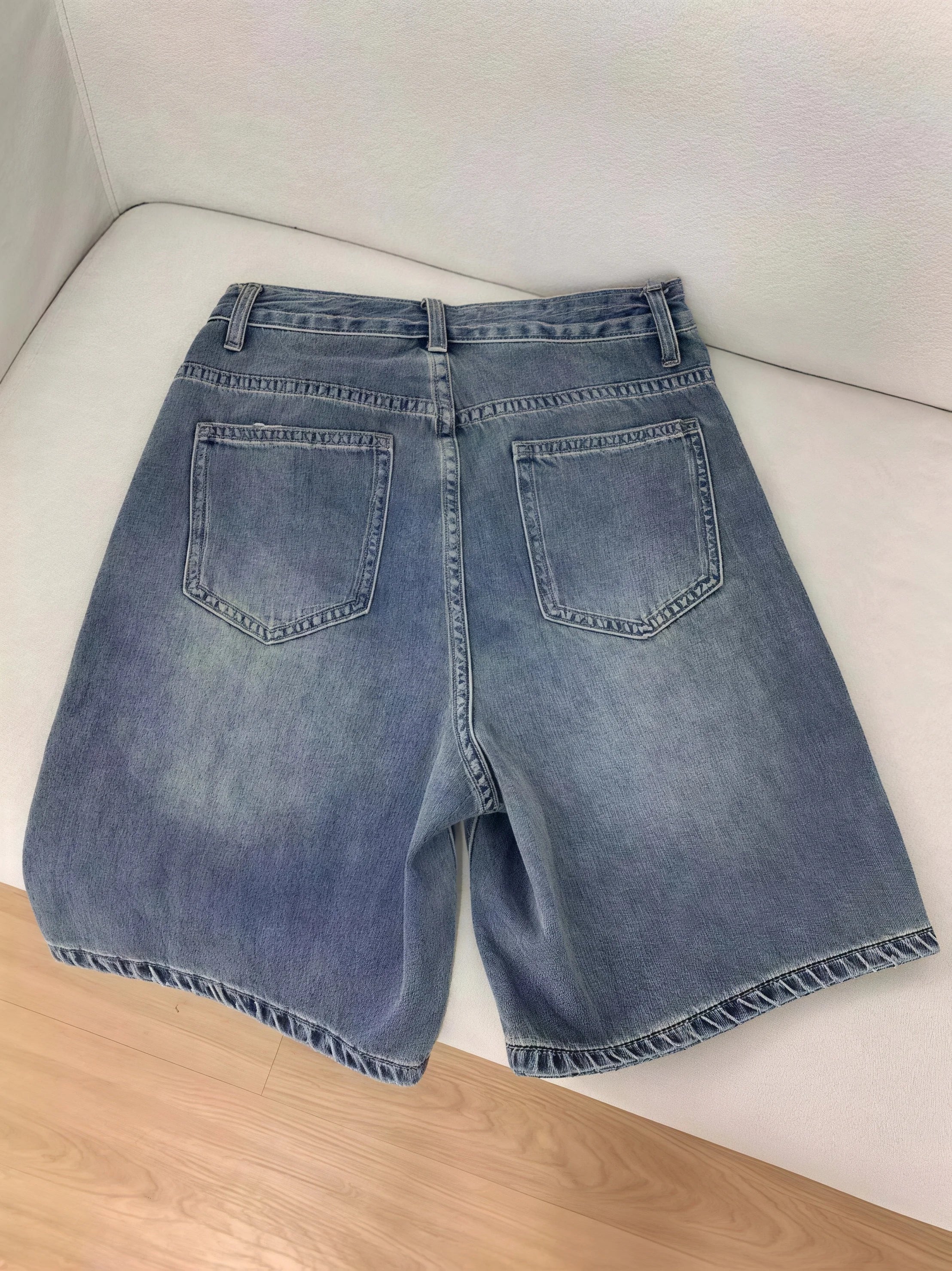 Y2K Retro Washed Blue Denim Bermuda Shorts For Women High‑Rise Loose Wide Leg Knee‑Length Casual Streetwear Jeans Pants