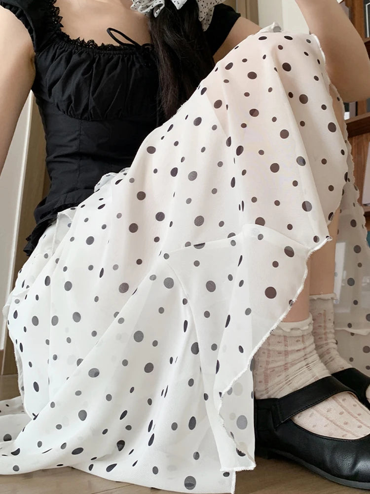 Fashion Irregular Polka Dot Midi Skirt Women Summer Thin High Waist Chiffon Skirts Woman Korean Style White Ruffled A-line Skirt