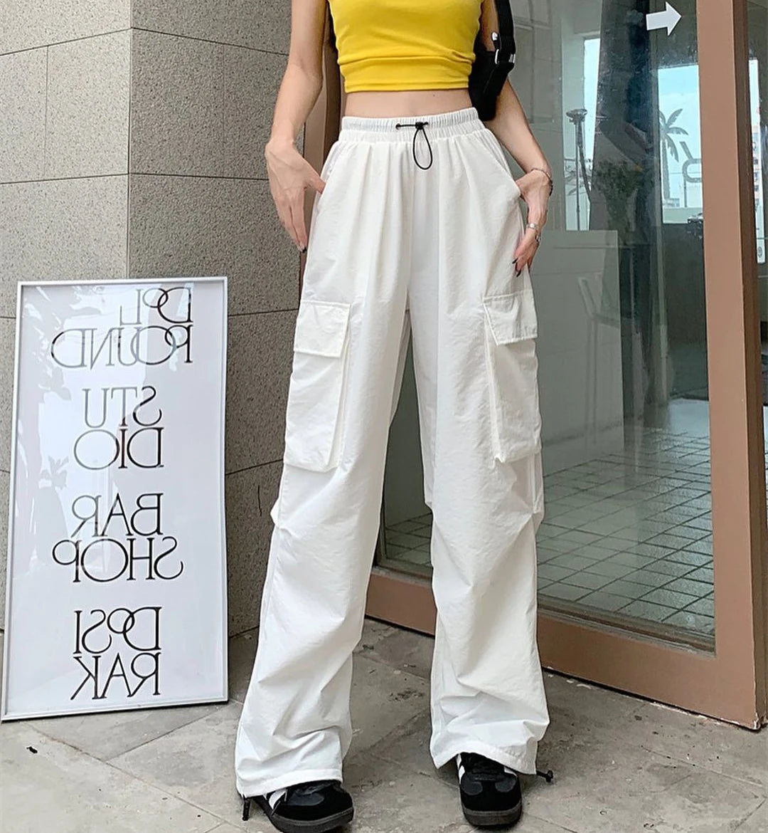 Chic Matching Loose Women's Wide Leg Pants Elastic Waist Drawstring Patchwork Straight Leg Pant Casual Streetwear New Sportswear