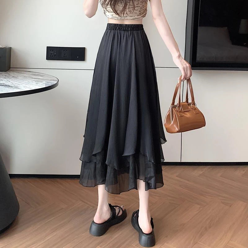 GIDYQ Summer Women Mesh Skirt Fashion Korean High Waist Loose Midi Skirt Y2K Elegant Female Casual All Match A Line Skirts New