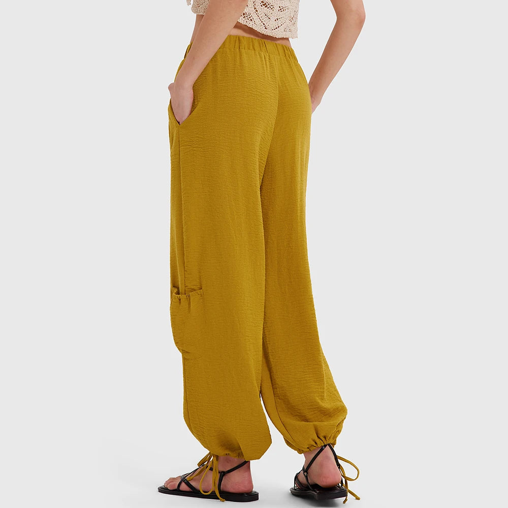 Women Linen Boho Balloon Pants Drawstring Summer Cargo Pants Beach Travel Lounge Pants with Pockets Trousers Mujer