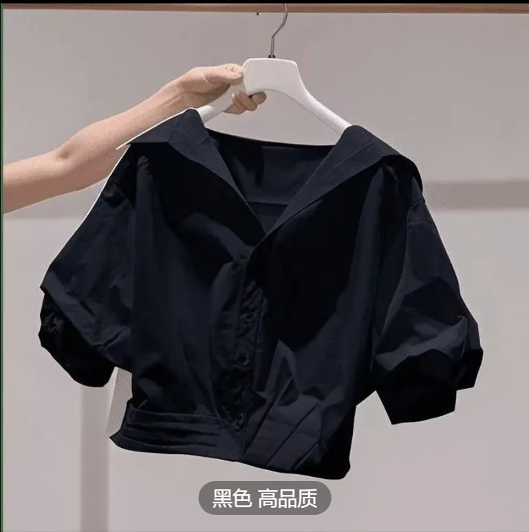 Fanan 2026 Summer New Lapel Bubble Sleeve Shirt Women Loose Fit Cropped Top Female Blouse Shirt