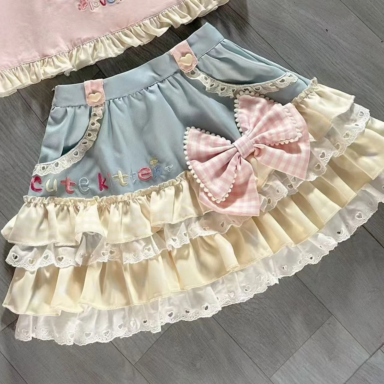Japanese Sweet Lolita Tiered Mini Skirt Gingham Bow Lace Trim Blue Beige Harajuku Subculture Sweet Kawaii Party Outfit Sweetwear